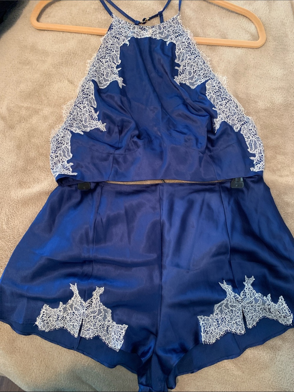 Victoria's Secret Navy Satin Lace Cami Short Set